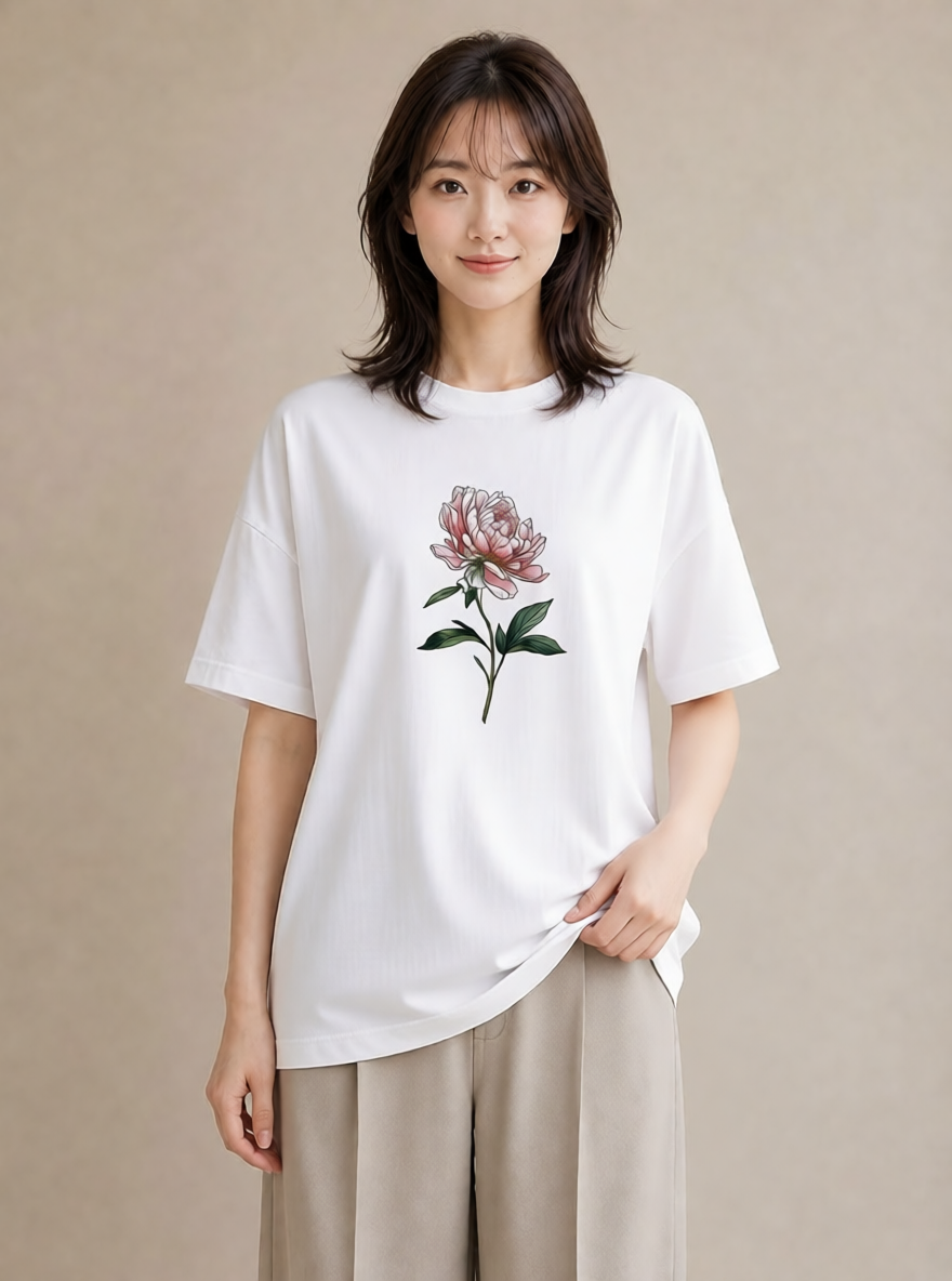 プリントTシャツ レディース 牡丹 花 花柄 イラスト ヴィンテージ風 部屋着 女性向けギフト 白T