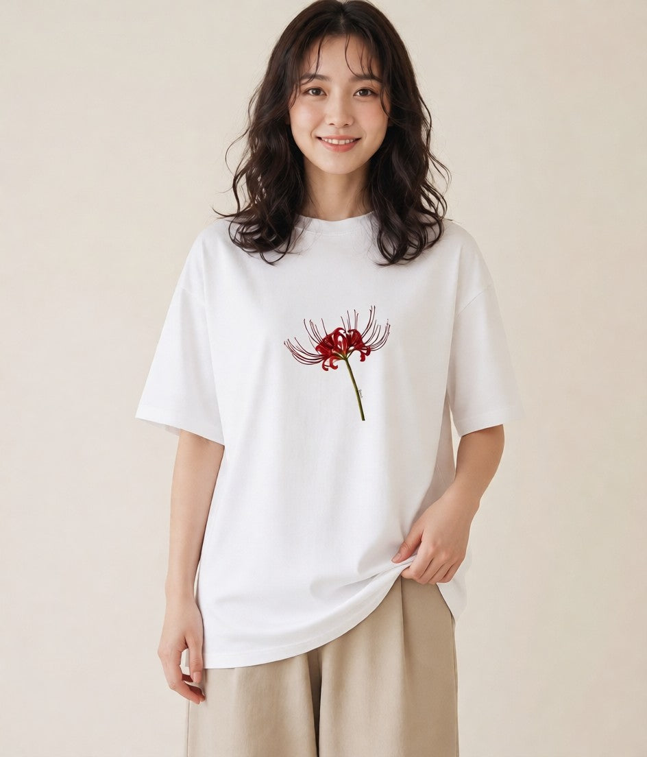 グラフィックTシャツ レディース 彼岸花 花 花柄 イラスト ヴィンテージ風 散歩 お出かけ 白T YMAZO