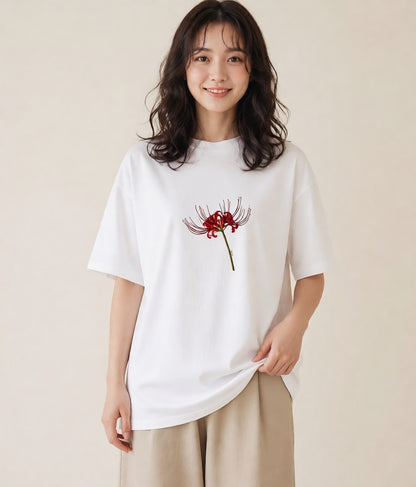 グラフィックTシャツ レディース 彼岸花 花 花柄 イラスト ヴィンテージ風 散歩 お出かけ 白T YMAZO