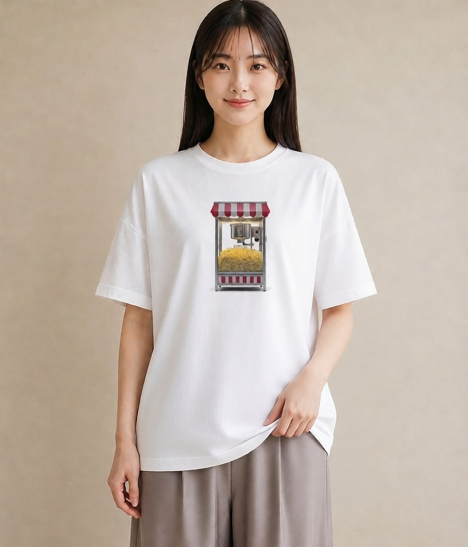 プリントTシャツ レディース ポップコーン 食べ物 フード イラスト ラフカジュアル 通勤 在宅 白T YMAZO