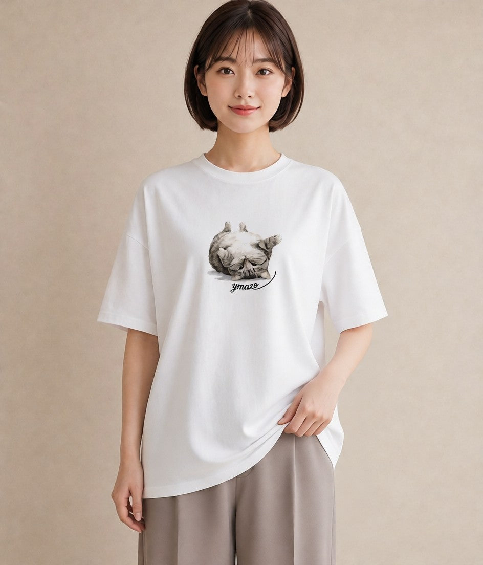 半袖Tシャツ レディース 愛猫 猫 ねこ イラスト カジュアル ミセス 春コーデ 白T YMAZO
