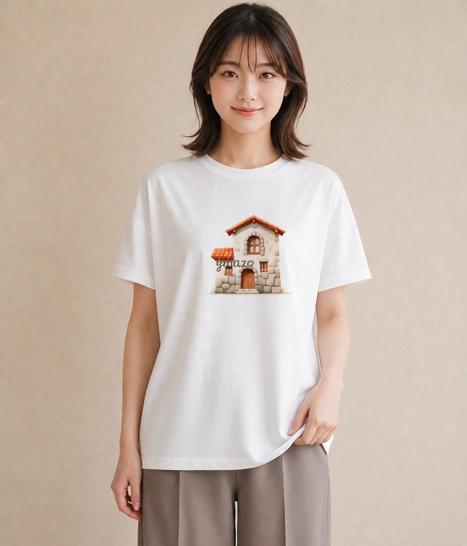 半袖Tシャツ レディース 湖畔の小屋 湖 小屋 ナチュラル アンティーク イラスト ボタニカル ミセス 春コーデ 白T YMAZO