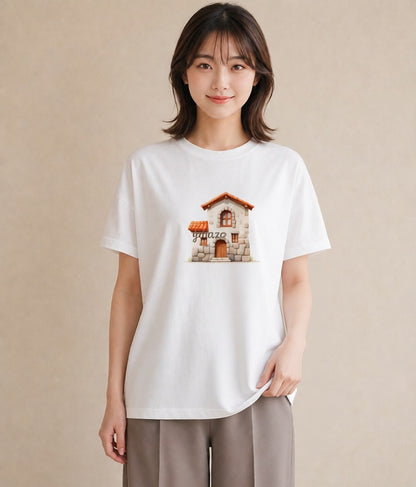 半袖Tシャツ レディース 湖畔の小屋 湖 小屋 ナチュラル アンティーク イラスト ボタニカル ミセス 春コーデ 白T YMAZO