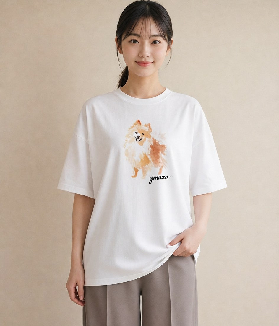 プリントTシャツ レディース ポメラニアン ポメ 犬 いぬ イラスト きれいめ 春服 ミセス 白T YMAZO