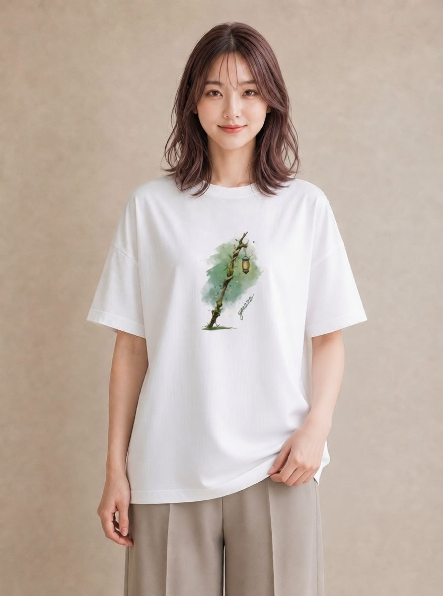 半袖Tシャツ レディース 街灯 夜霧 夜 ナチュラル アンティーク イラスト 旅行コーデ 旅行 母娘コーデ 白T YMAZO