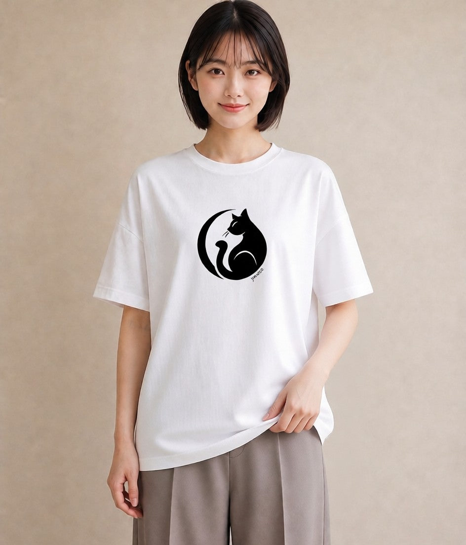 半袖Tシャツ レディース 猫 ねこ ネコ イラスト ポップ 通勤 在宅 白T YMAZO