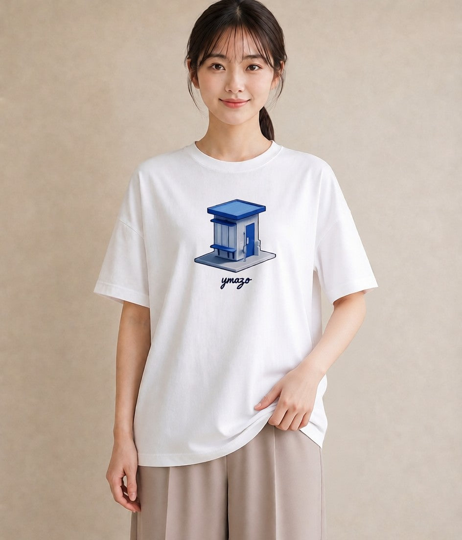 グラフィックTシャツ レディース 駅のホーム ローカル線 駅 ナチュラル アンティーク イラスト 水彩風 友達ギフト 部屋着 白T YMAZO