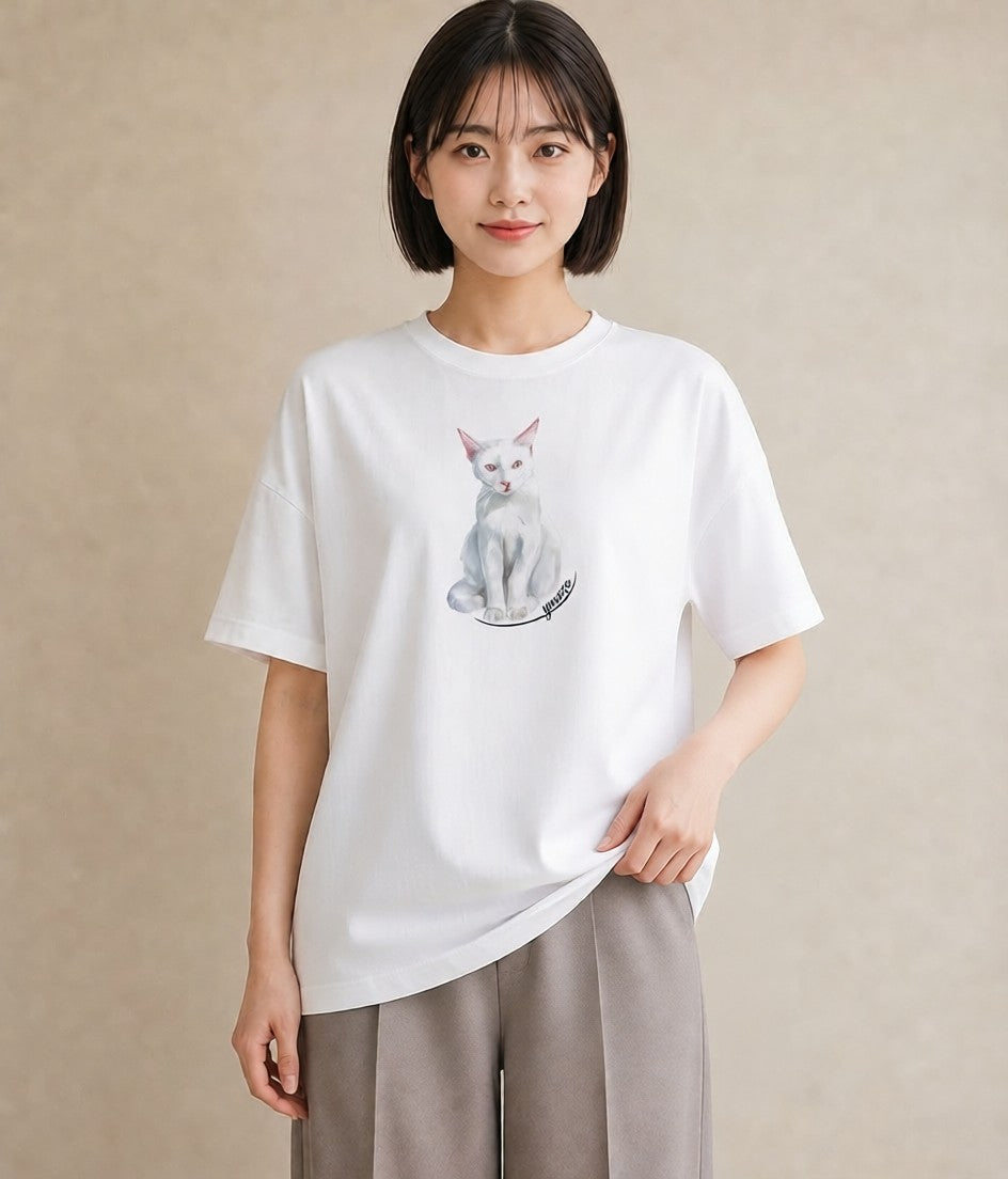プリントTシャツ レディース 三毛猫 みけねこ 三毛 猫 ねこ イラスト ラフ デート 帰省 白T YMAZO