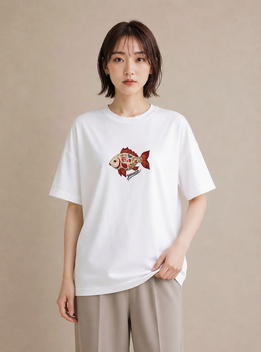 デザインTシャツ レディース 出目金 ペット 動物 イラスト ボタニカル ビーチ デイリーウェア 白T YMAZO