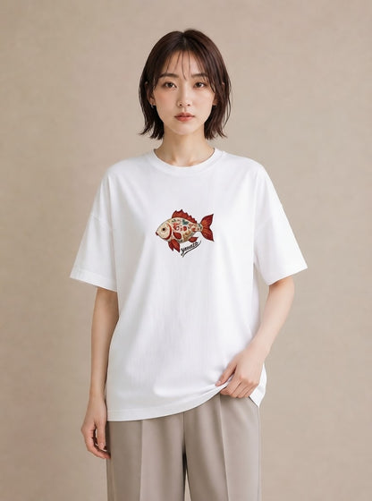 デザインTシャツ レディース 出目金 ペット 動物 イラスト ボタニカル ビーチ デイリーウェア 白T YMAZO