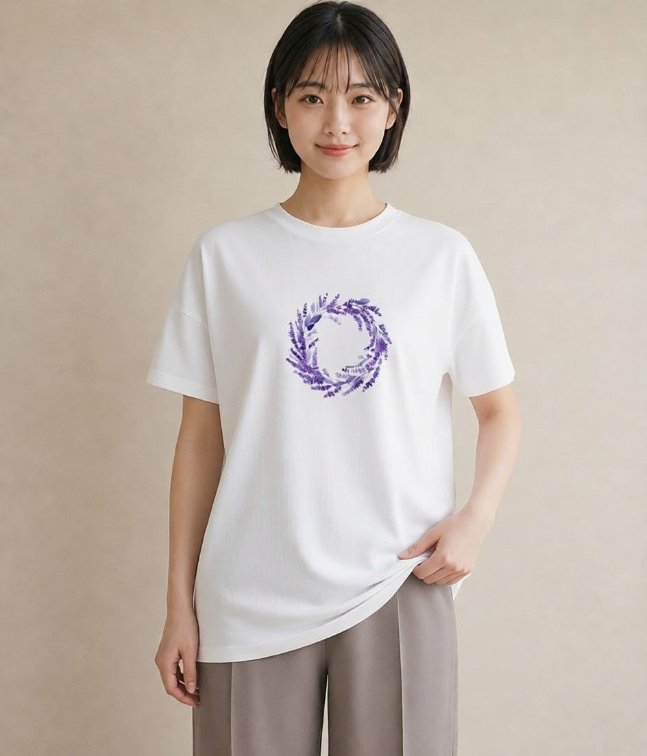 半袖Tシャツ レディース ラベンダー 花 花柄 イラスト 買い物 夏コーデ 白T YMAZO
