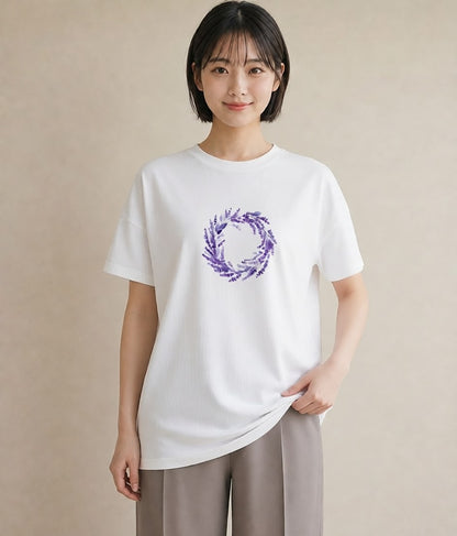 半袖Tシャツ レディース ラベンダー 花 花柄 イラスト 買い物 夏コーデ 白T YMAZO