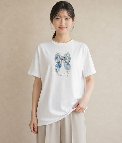 半袖Tシャツ レディース レースハンカチ レース ハンカチ ナチュラル アンティーク イラスト シンプル 海 カフェ巡り 白T YMAZO