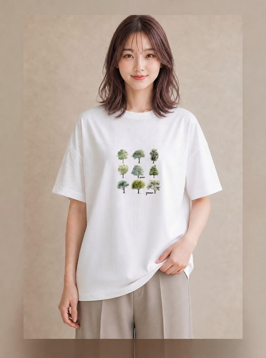 Tシャツ レディース 木 植物 ボタニカル イラスト カフェコーデ 在宅 公園 白T YMAZO