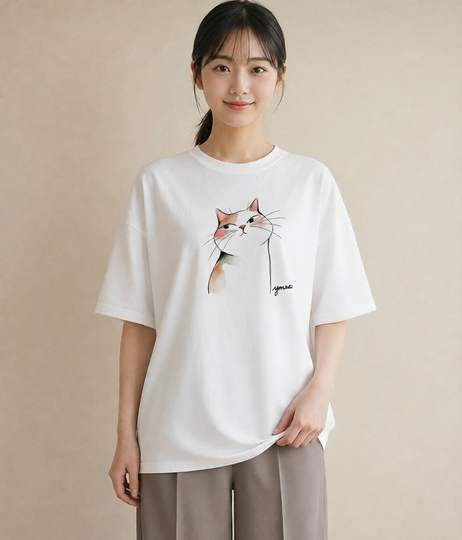 デザインTシャツ レディース エキゾチックショートヘア 猫 ねこ イラスト ルームウェア ギフト 白T YMAZO