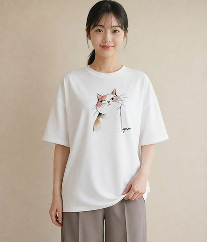 デザインTシャツ レディース エキゾチックショートヘア 猫 ねこ イラスト ルームウェア ギフト 白T YMAZO