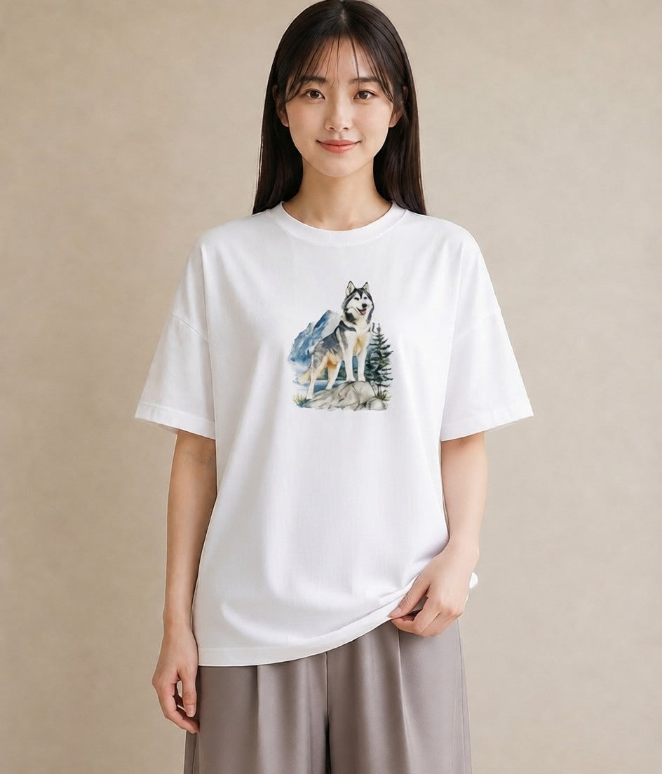 半袖Tシャツ レディース シベリアンハスキー 犬 いぬ イラスト 水彩風 姉妹 送別ギフト 白T YMAZO