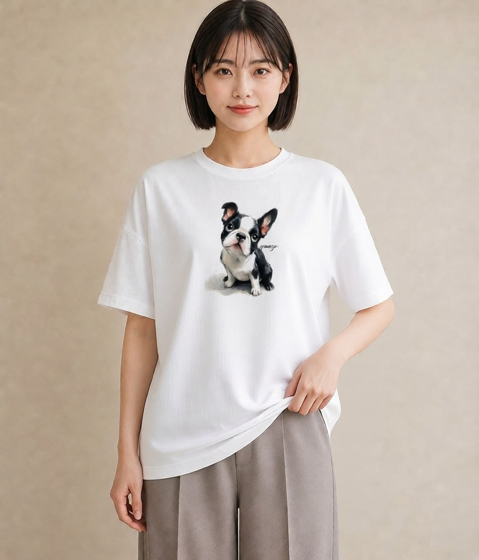 Tシャツ レディース ボストンテリア 犬 いぬ イラスト お洒落 ペアコーデ 秋コーデ 白T YMAZO