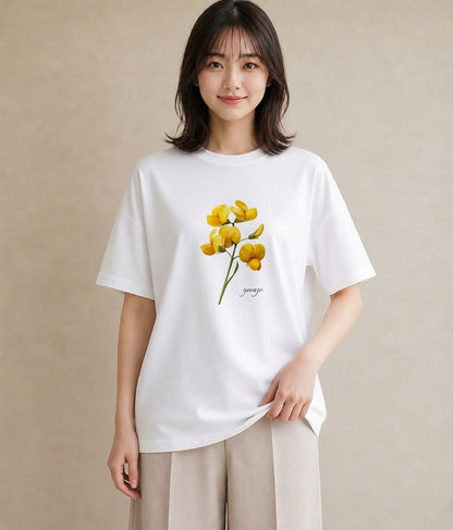 デザインTシャツ レディース ミモザ 花 花柄 イラスト こなれ感 誕生日プレゼント 綿100 白T YMAZO