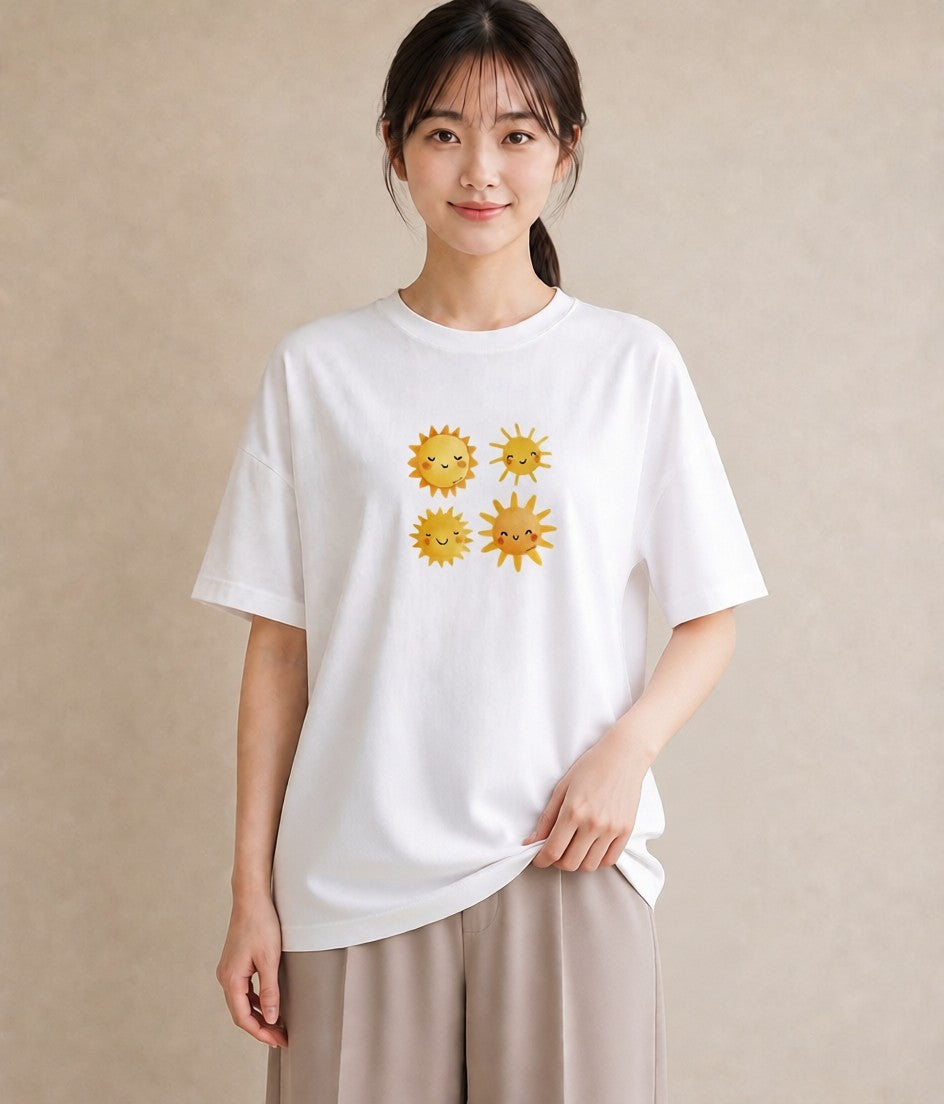 プリントTシャツ レディース 太陽 星空 宇宙 イラスト 普段使い 買い物 夏コーデ 白T YMAZO