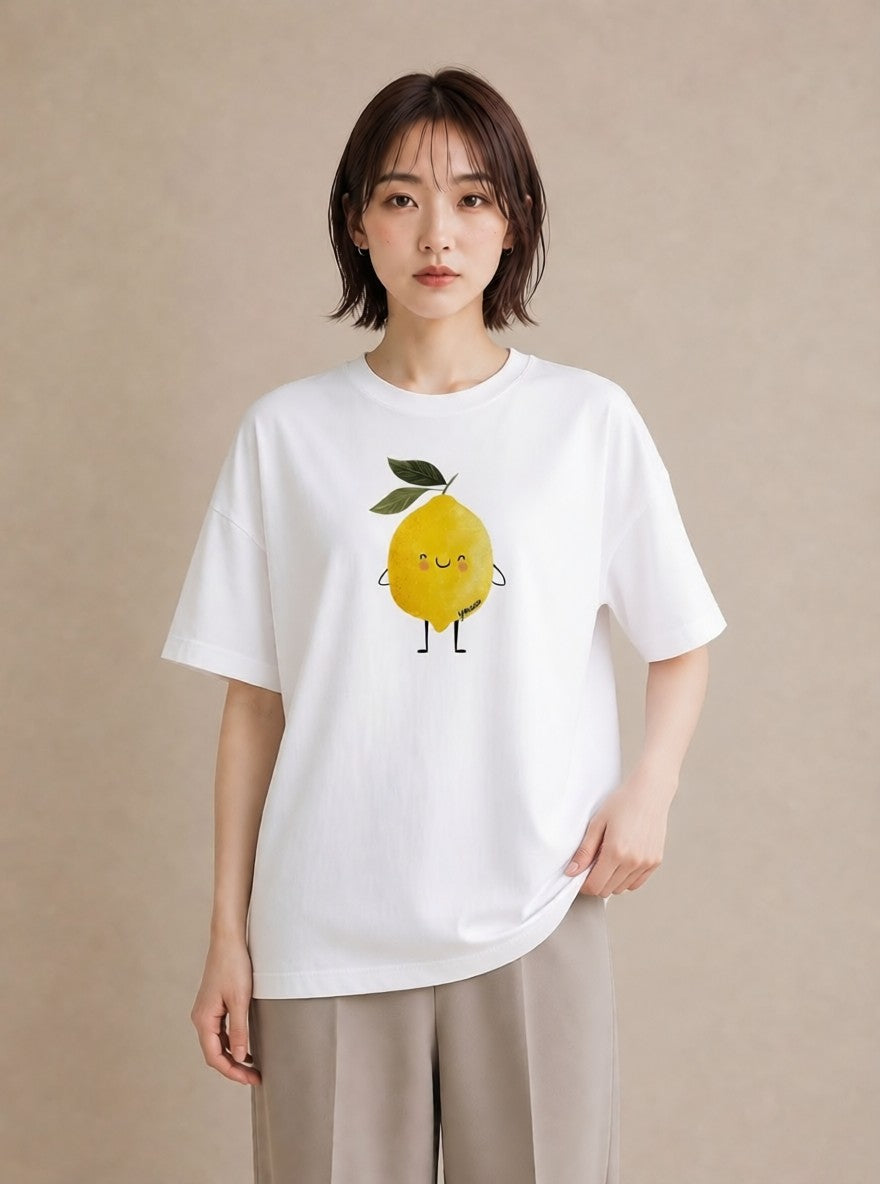 半袖Tシャツ レディース レモン 檸檬 食べ物 フード イラスト お洒落 誕生日プレゼント 綿100 白T YMAZO