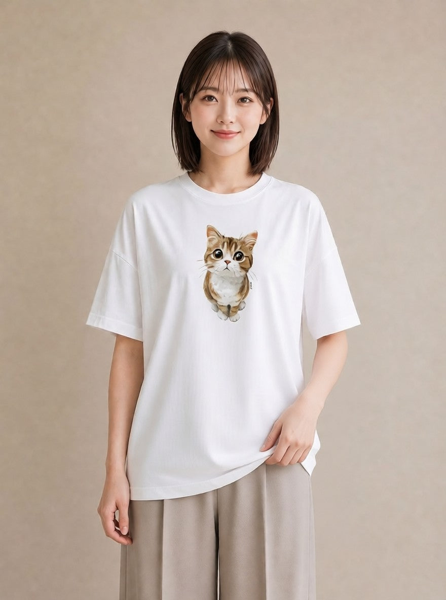 プリントTシャツ レディース 茶トラ 茶猫 猫 ねこ イラスト 旅行コーデ お出かけ 普段着 白T YMAZO