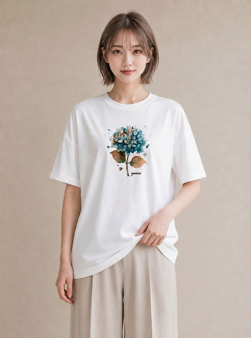 デザインTシャツ レディース あじさい 紫陽花 アジサイ 花 花柄 イラスト お洒落 カフェ服 クリスマス 白T YMAZO