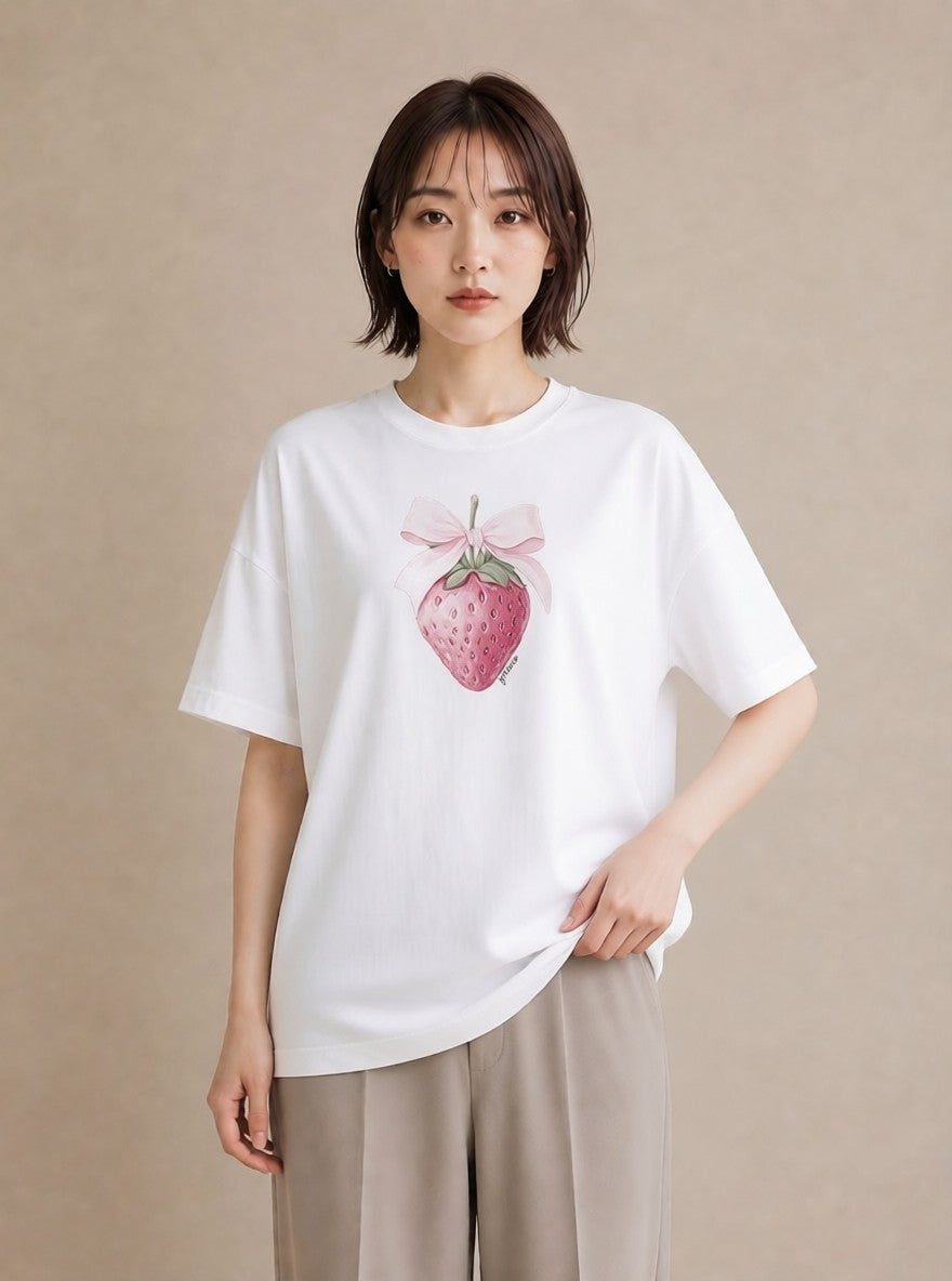 Tシャツ レディース いちご 苺 ストロベリー 食べ物 フード イラスト ミニマル ホワイトデー 春服 白T YMAZO