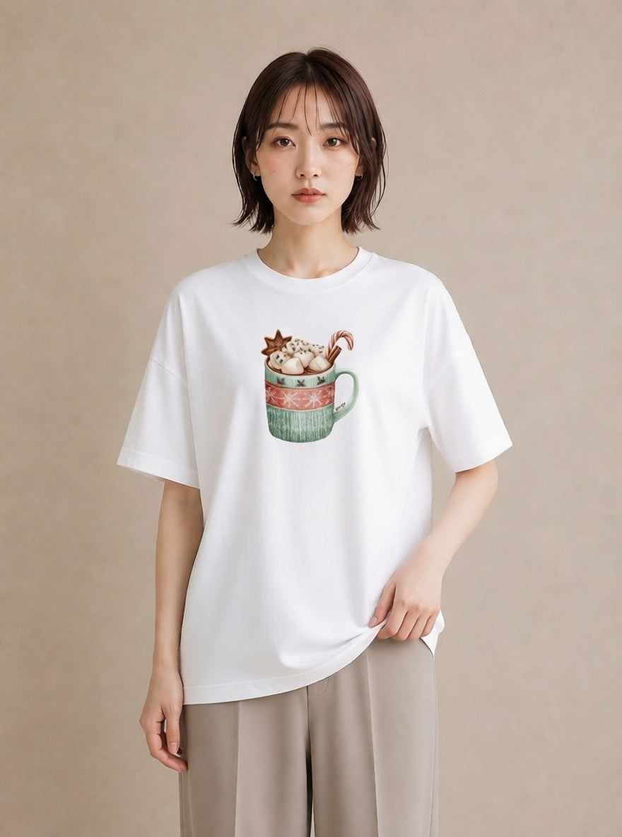 半袖Tシャツ レディース ココア 食べ物 フード イラスト カフェコーデ 送別ギフト 通勤 白T YMAZO