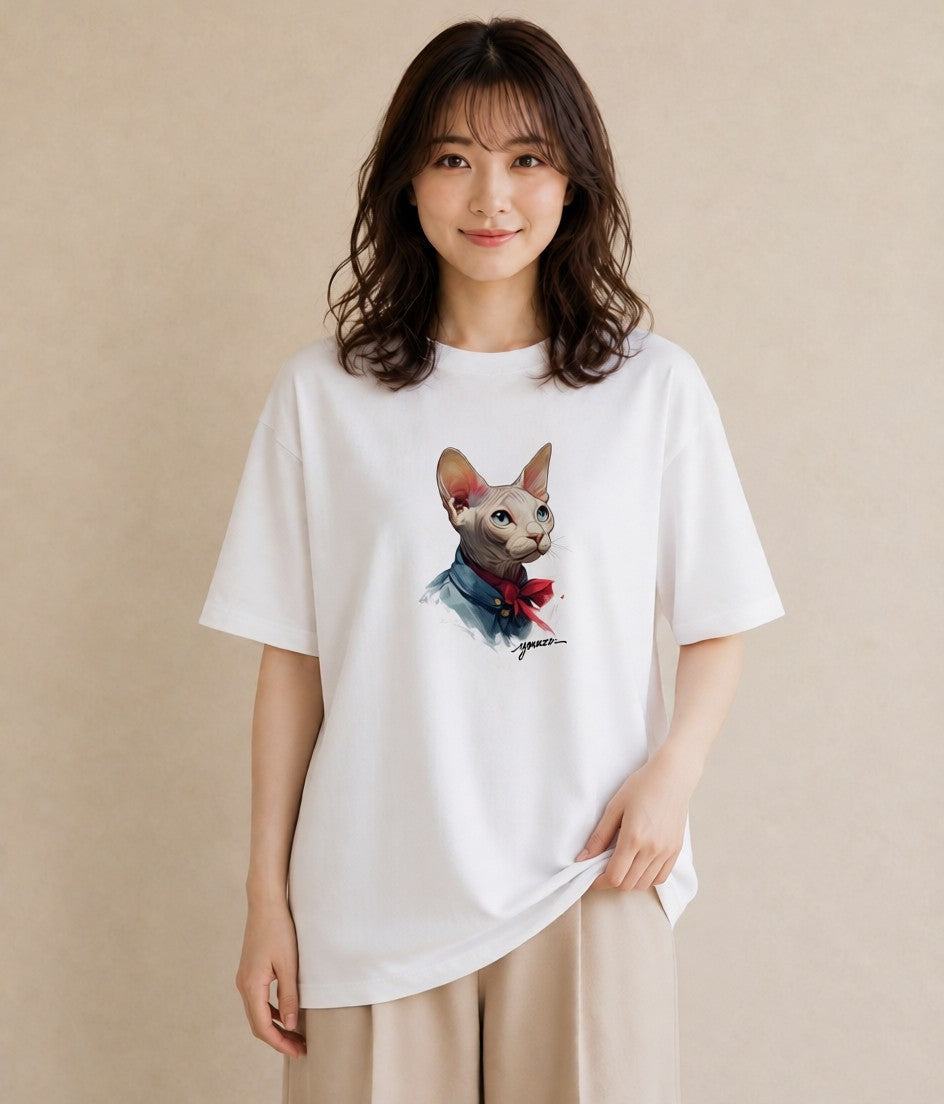 デザインTシャツ レディース スフィンクス 猫 ねこ イラスト 淡色 カフェ服 クリスマス 白T YMAZO