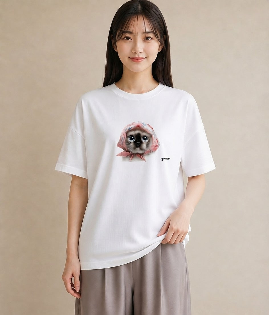 Tシャツ レディース シャム柄 猫 ねこ イラスト きれいめ ビーチ デイリーウェア 白T YMAZO