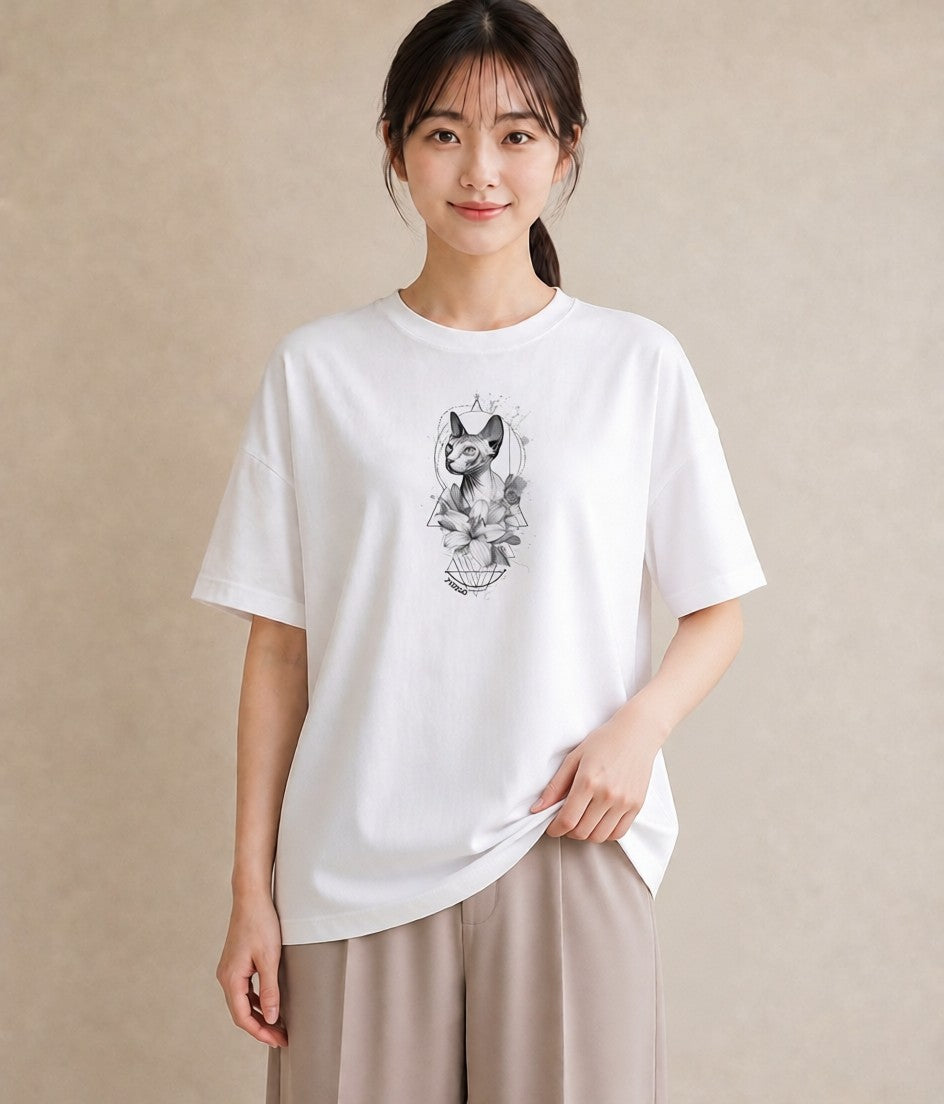 デザインTシャツ レディース スフィンクス 猫 ねこ イラスト ニュアンス デイリーウェア 休日 白T YMAZO