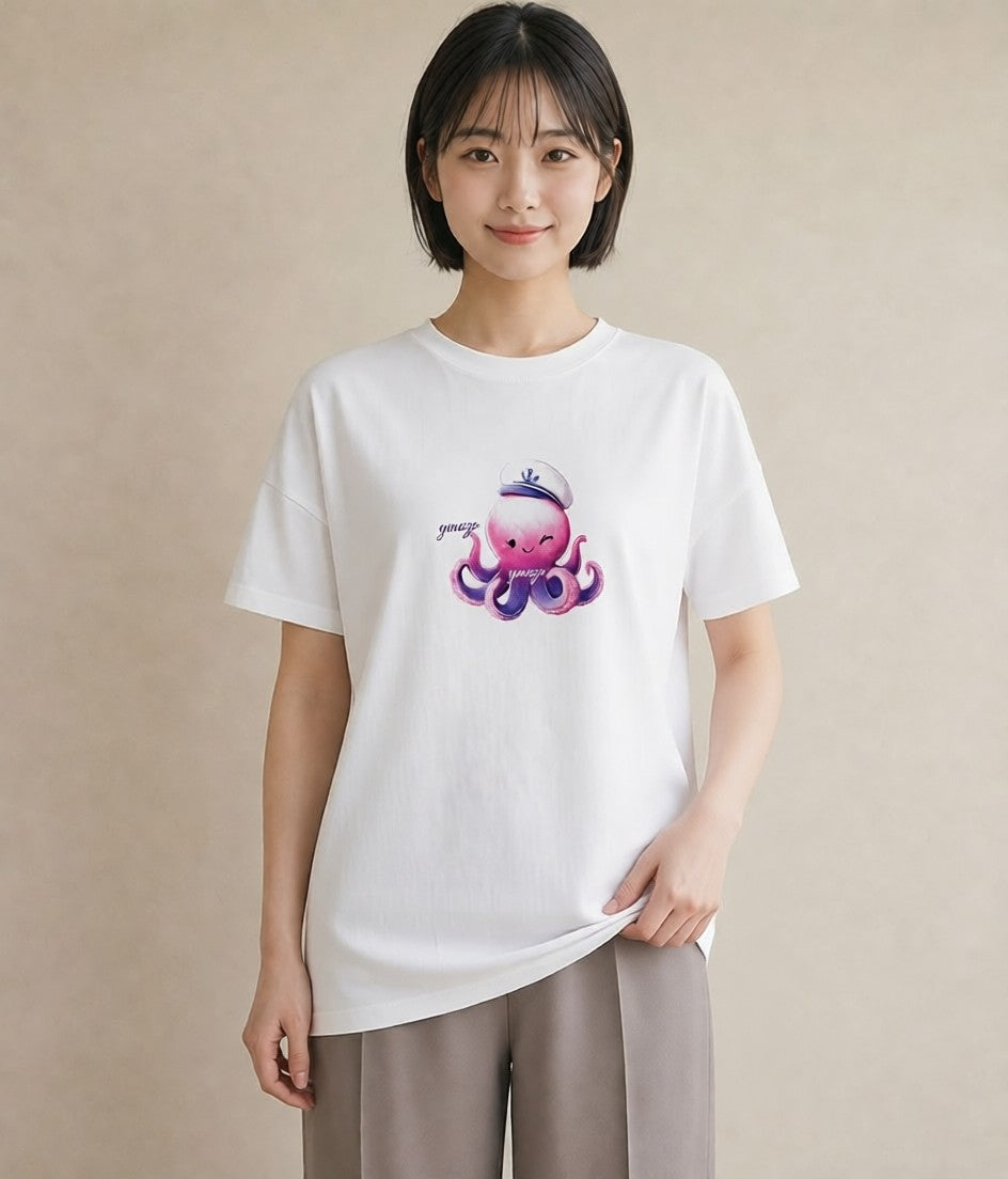 デザインTシャツ レディース タコ 海の生き物 海 イラスト カフェコーデ 休日 ペアコーデ 白T YMAZO