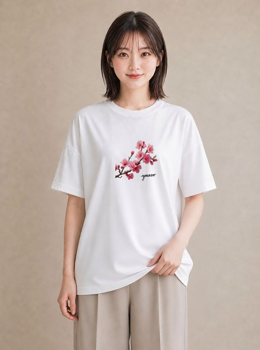 デザインTシャツ レディース 梅 花 花柄 イラスト 線画 ラフ レイヤード 白T YMAZO