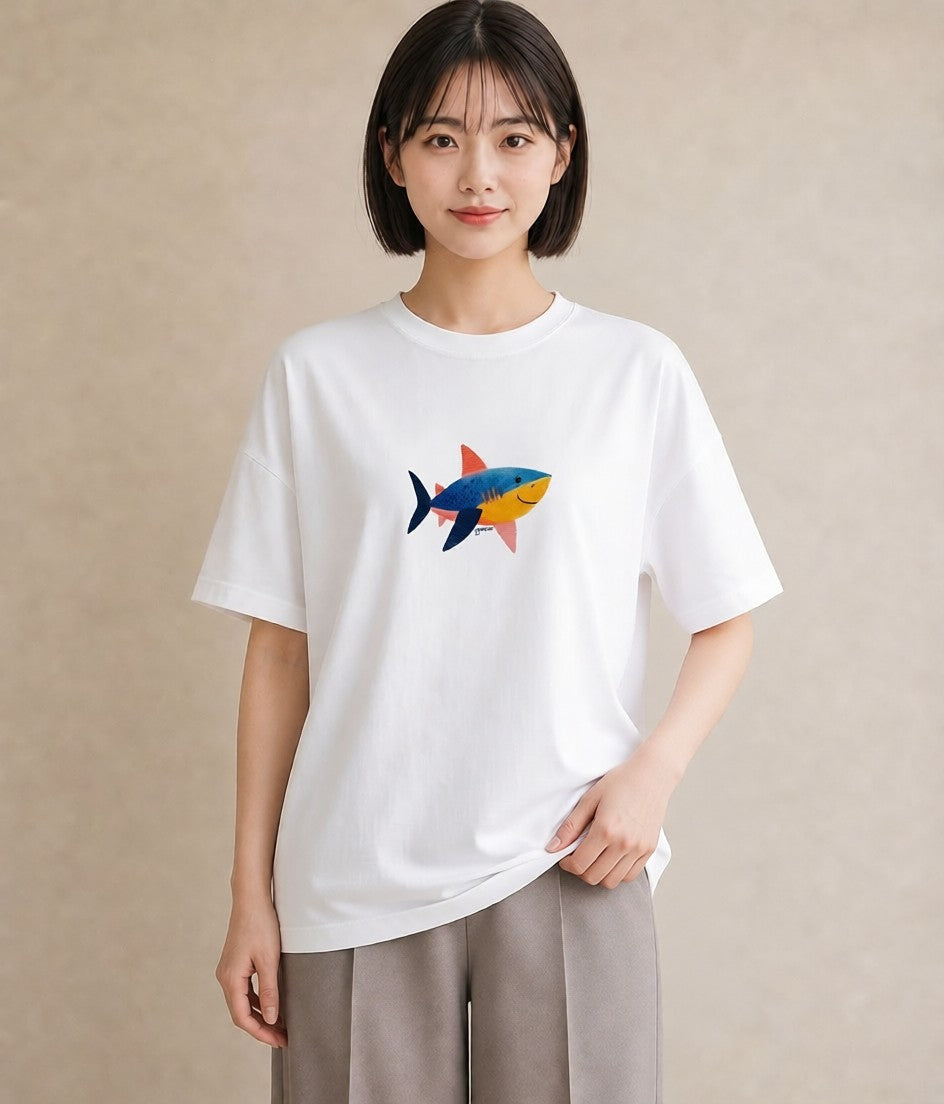 グラフィックTシャツ レディース サメ 海の生き物 海 イラスト カジュアル 旅行 母娘コーデ 白T YMAZO