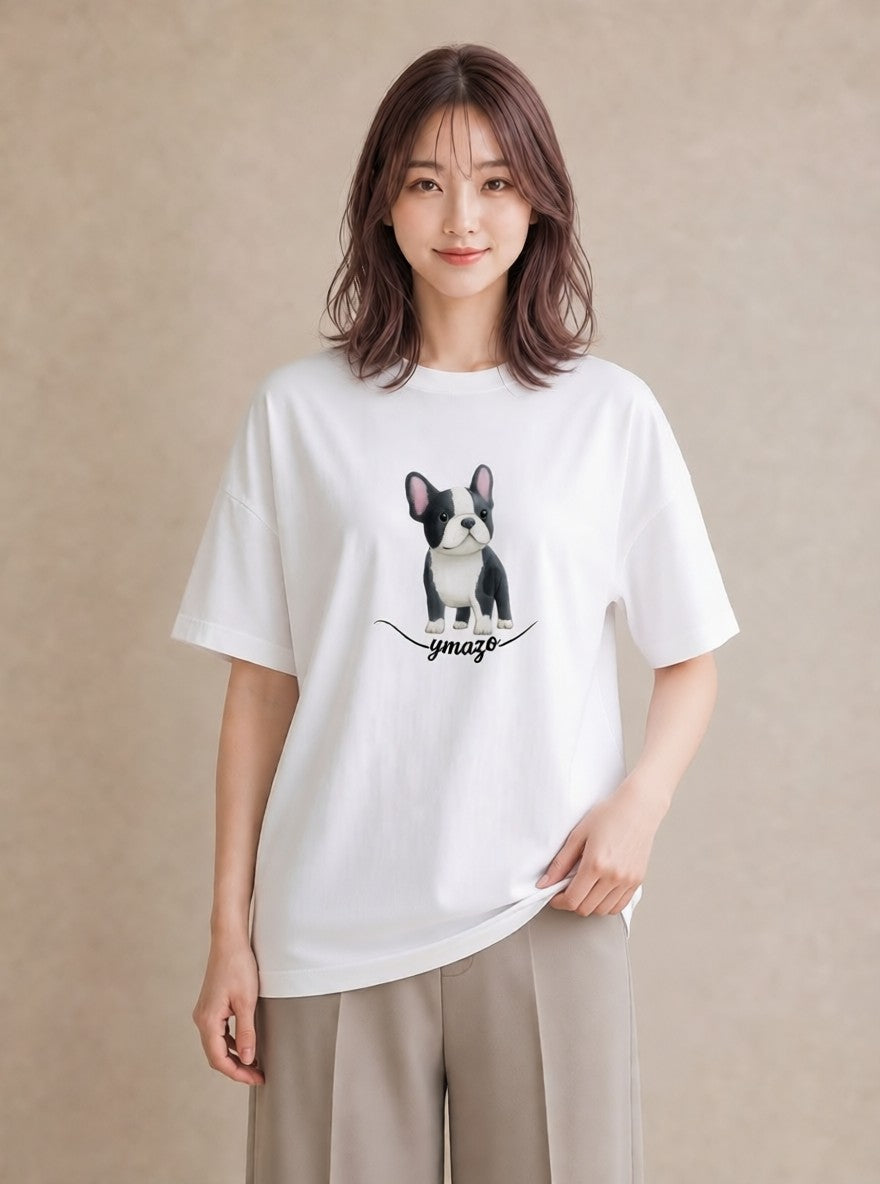 デザインTシャツ レディース 犬 いぬ イラスト 旅行コーデ 公園 ママ 白T YMAZO