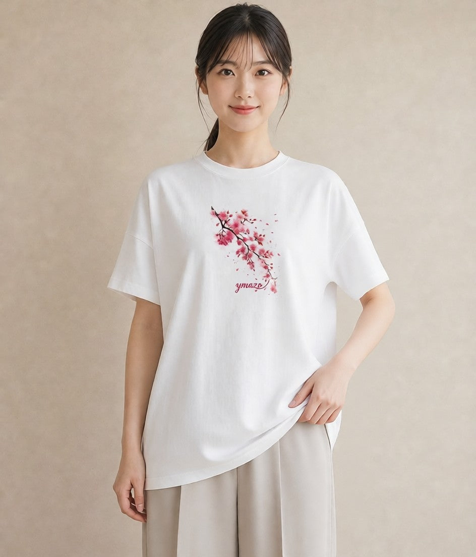 グラフィックTシャツ レディース さくら 桜 サクラ 花 花柄 イラスト カフェコーデ カジュアルコーデ 買い物 白T YMAZO