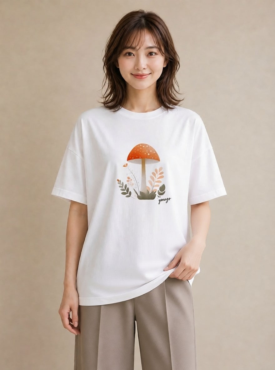 グラフィックTシャツ レディース きのこ 植物 ボタニカル イラスト シンプル 通学 誕生日プレゼント 白T YMAZO