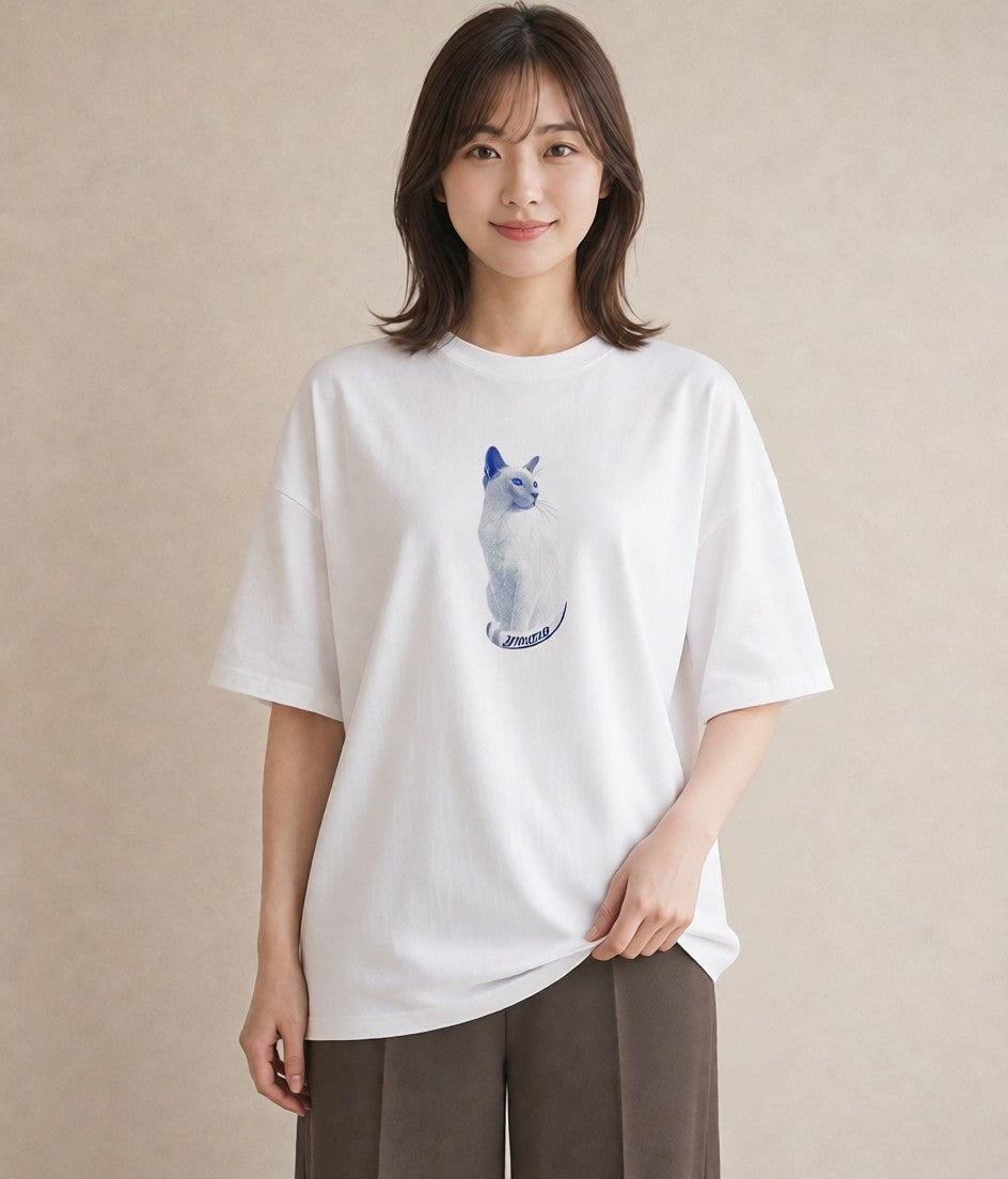 Tシャツ レディース シャム 猫 ねこ イラスト カジュアル 通学 誕生日プレゼント 白T YMAZO