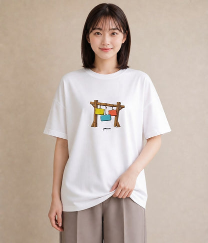 グラフィックTシャツ レディース 駅のホーム ローカル線 駅 ナチュラル アンティーク イラスト きれいめ 買い物 夏コーデ 白T YMAZO