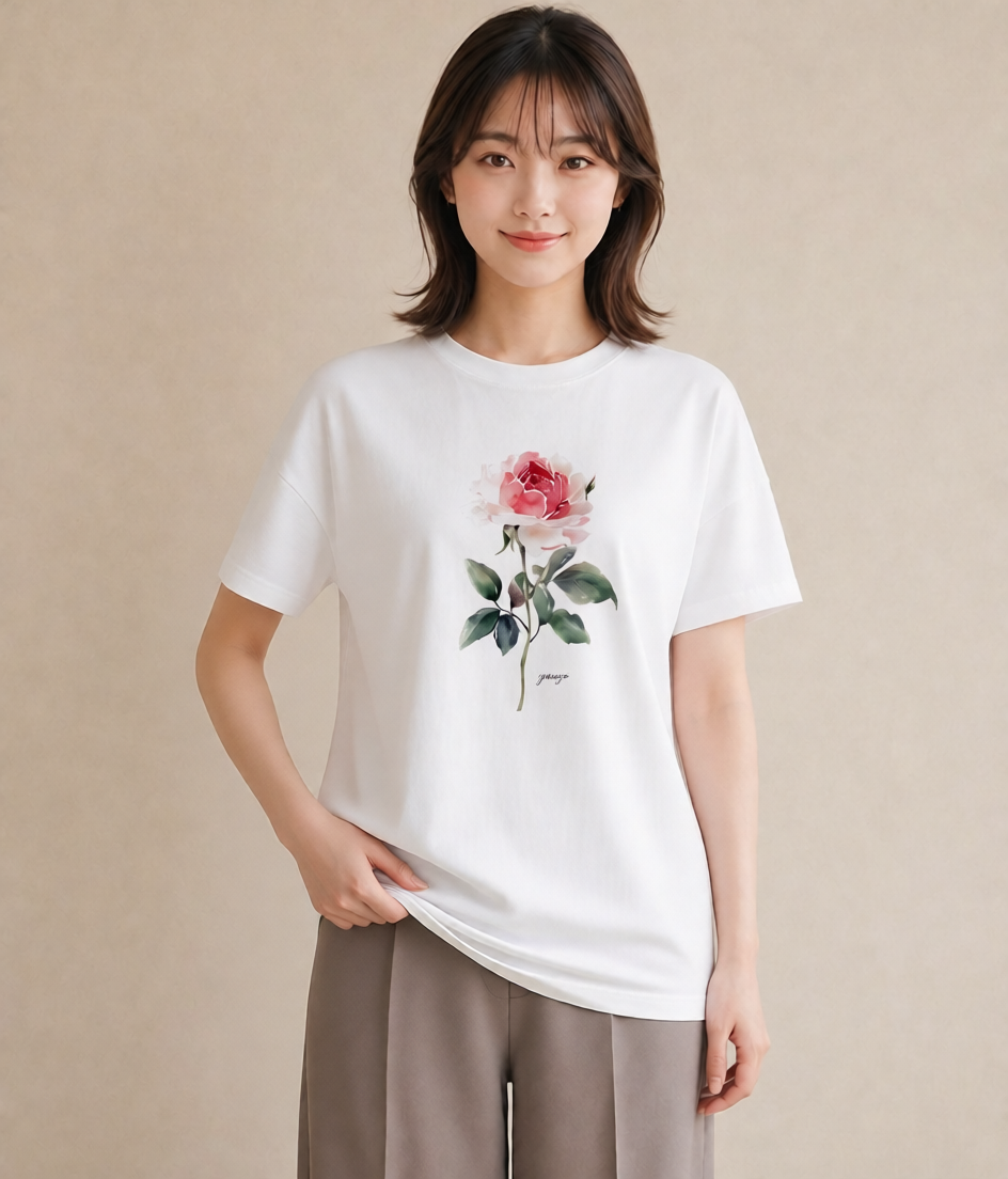 デザインTシャツ レディース バラ 薔薇 ローズ 花 花柄 イラスト ナチュラル 春服 ミセス 白T