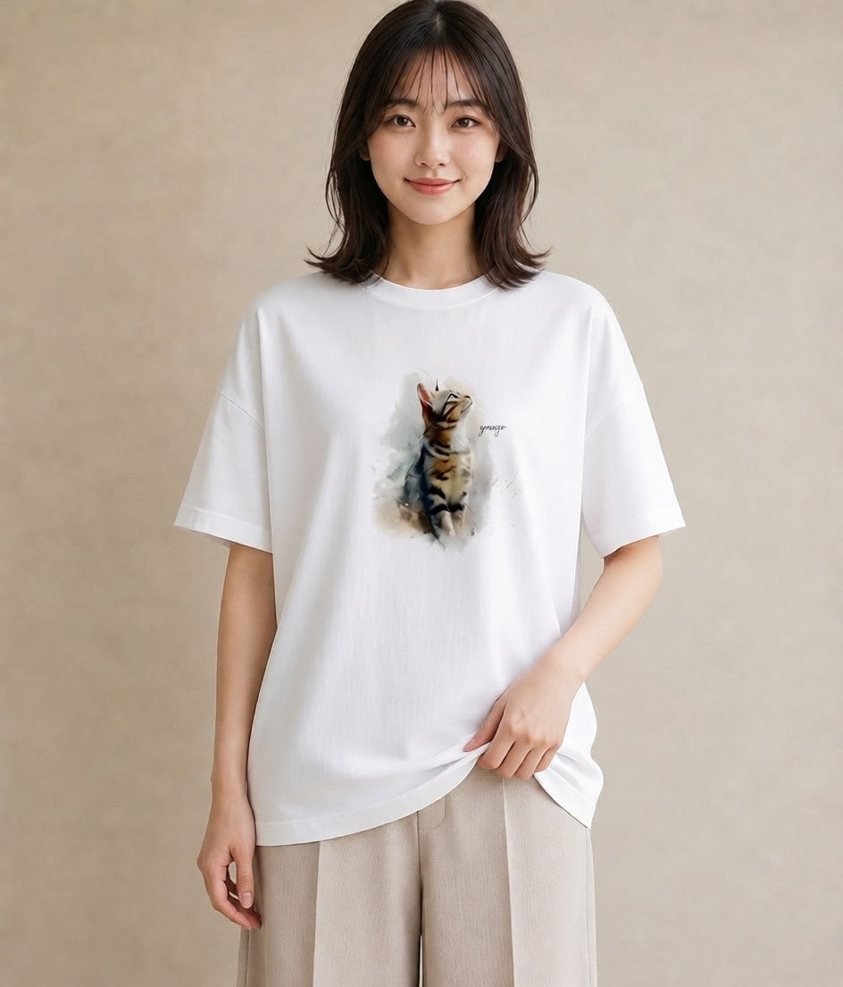 デザインTシャツ レディース メインクーン 猫 ねこ イラスト 韓国風 母の日 ビーチ 白T YMAZO