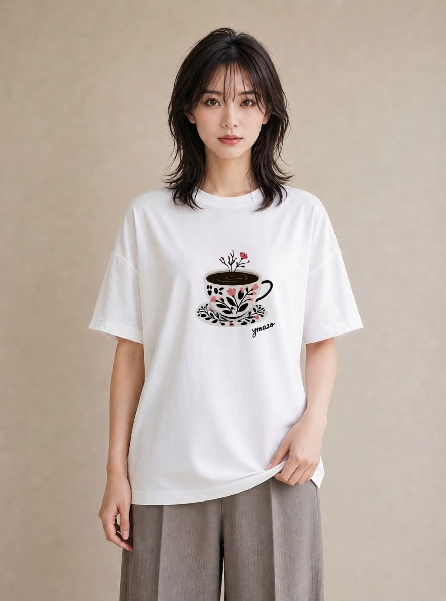 Tシャツ レディース 紅茶 食べ物 フード イラスト ラフカジュアル 公園 ママ 白T YMAZO