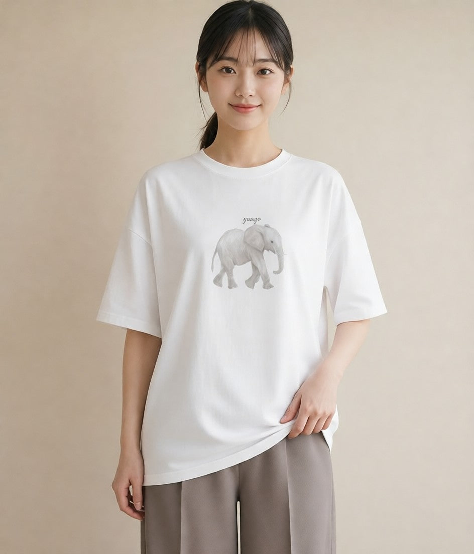 Tシャツ レディース ぞう 動物 アニマル イラスト ミニマル 通勤 在宅 白T YMAZO