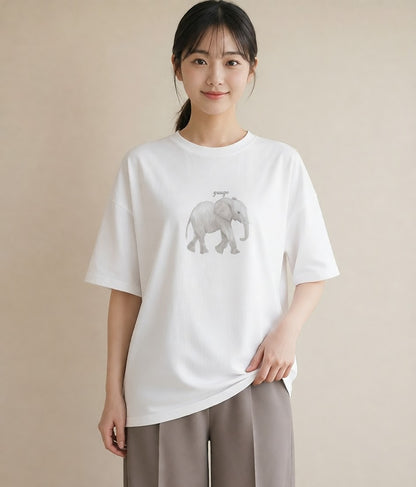 Tシャツ レディース ぞう 動物 アニマル イラスト ミニマル 通勤 在宅 白T YMAZO
