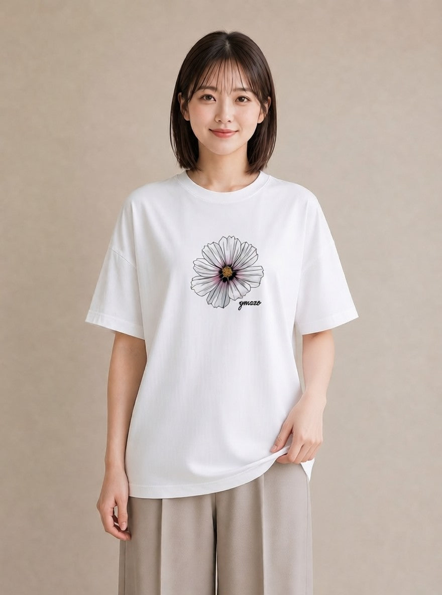 半袖Tシャツ レディース デイジー 花 花柄 イラスト ミニマル 海 カフェ巡り 白T YMAZO