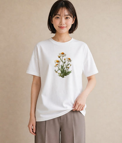 デザインTシャツ レディース デイジー 花 花柄 イラスト ヴィンテージ風 自分用 ルームウェア 白T YMAZO