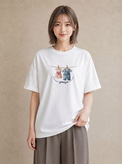 プリントTシャツ レディース 洗濯物 風 ナチュラル アンティーク イラスト 個性的 デイリーウェア 休日 白T YMAZO