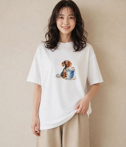 プリントTシャツ レディース ミニチュアダックスフンド 犬 いぬ イラスト 休日コーデ 夏コーデ 通学 白T YMAZO