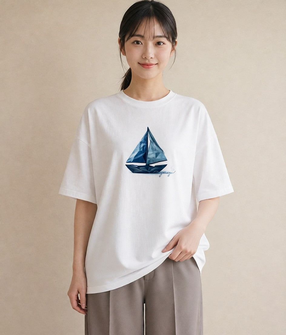 半袖Tシャツ レディース 紙の船 水辺 ナチュラル アンティーク イラスト 普段使い ギフト 母の日 白T YMAZO